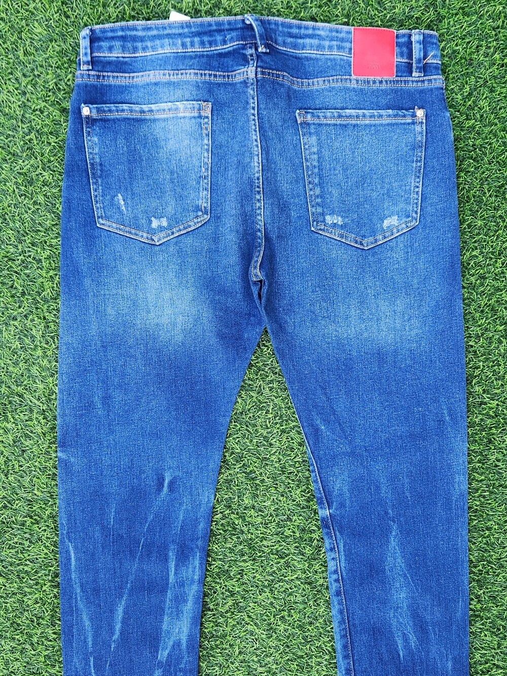 Zara Men's Skinny Jeans in Distressed Blue with Red Patch 36X32